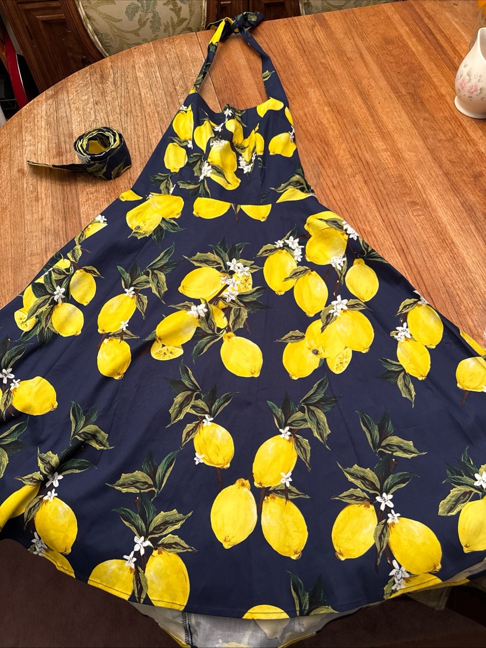 Navy Dress with Yellow Lemon Print